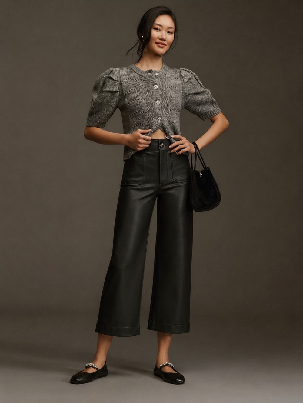 Maeve Colette Faux Leather High-Rise Wide-Leg Cropped Pants Black Size 27 NWOT